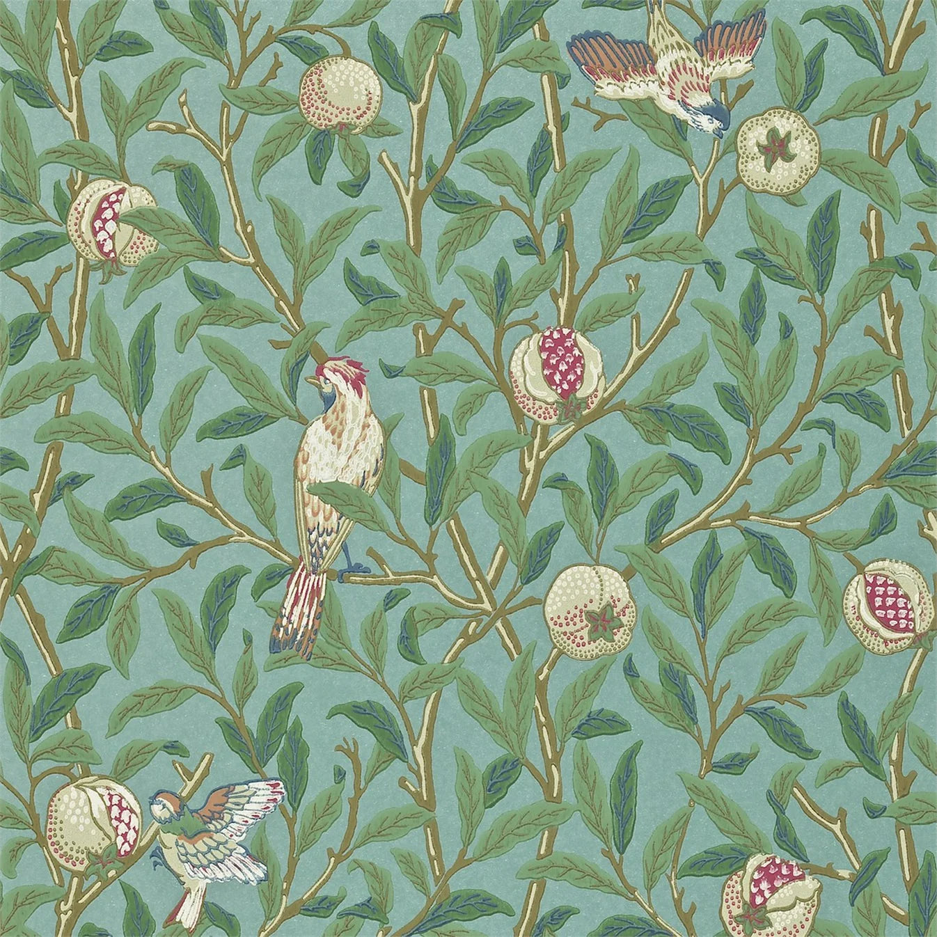 Bird & Pomegranate Turquoise/Coral Wallpaper DARW212538 by Morris & Co - Clearance