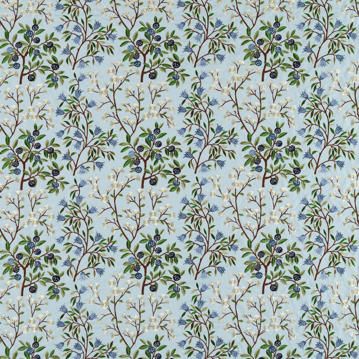 Foraging Embroidery Dawn Blue Fabric By Sanderson