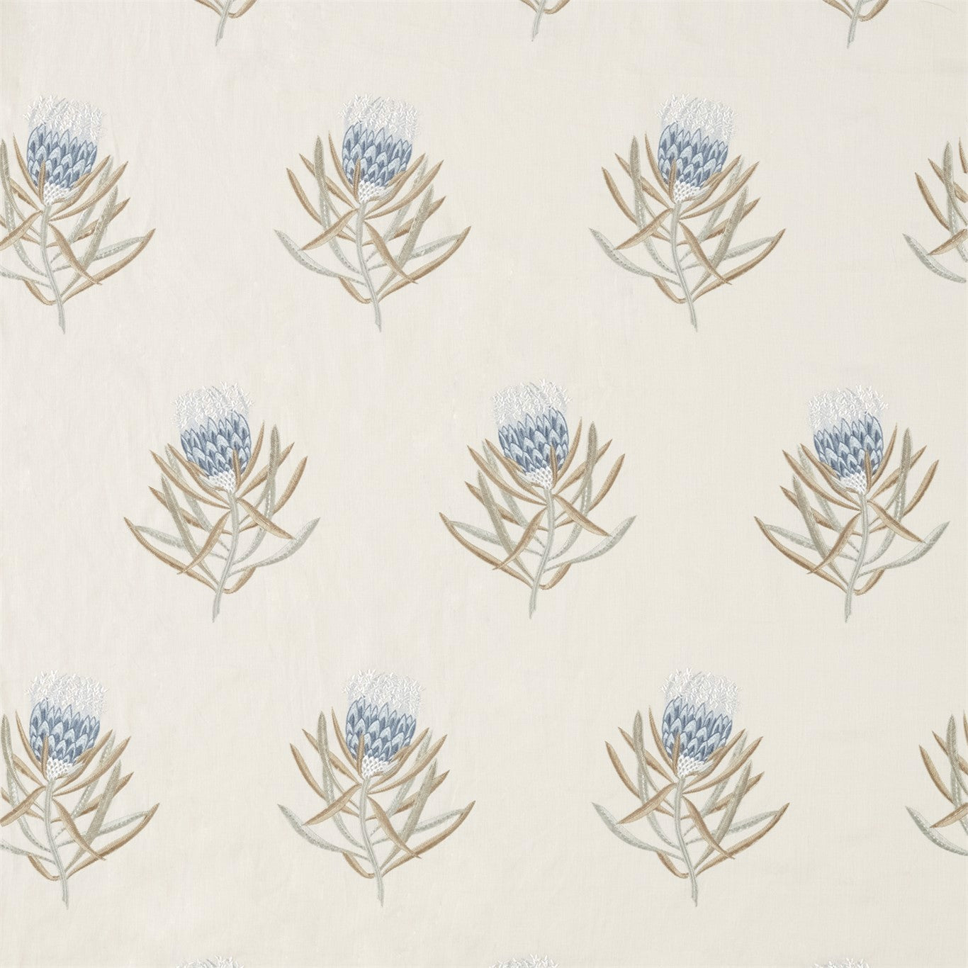 Protea Flower China Blue/Linen Fabric By Sanderson