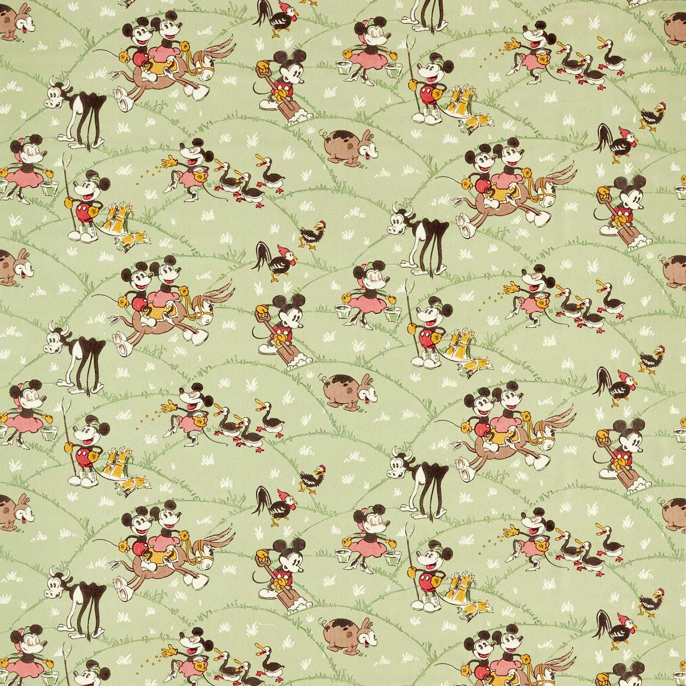 Mickey At the Farm Macaron Green Fabric By Sanderson