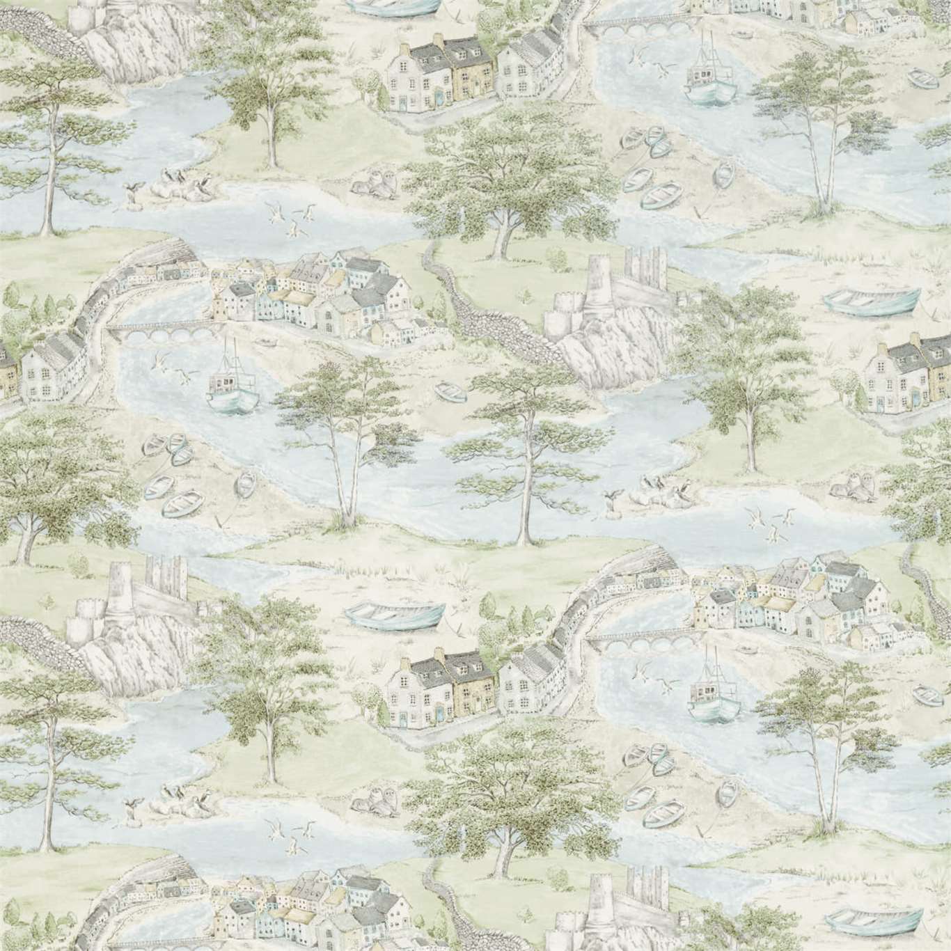 Sea Houses Tidewater Blue Fabric By Sanderson