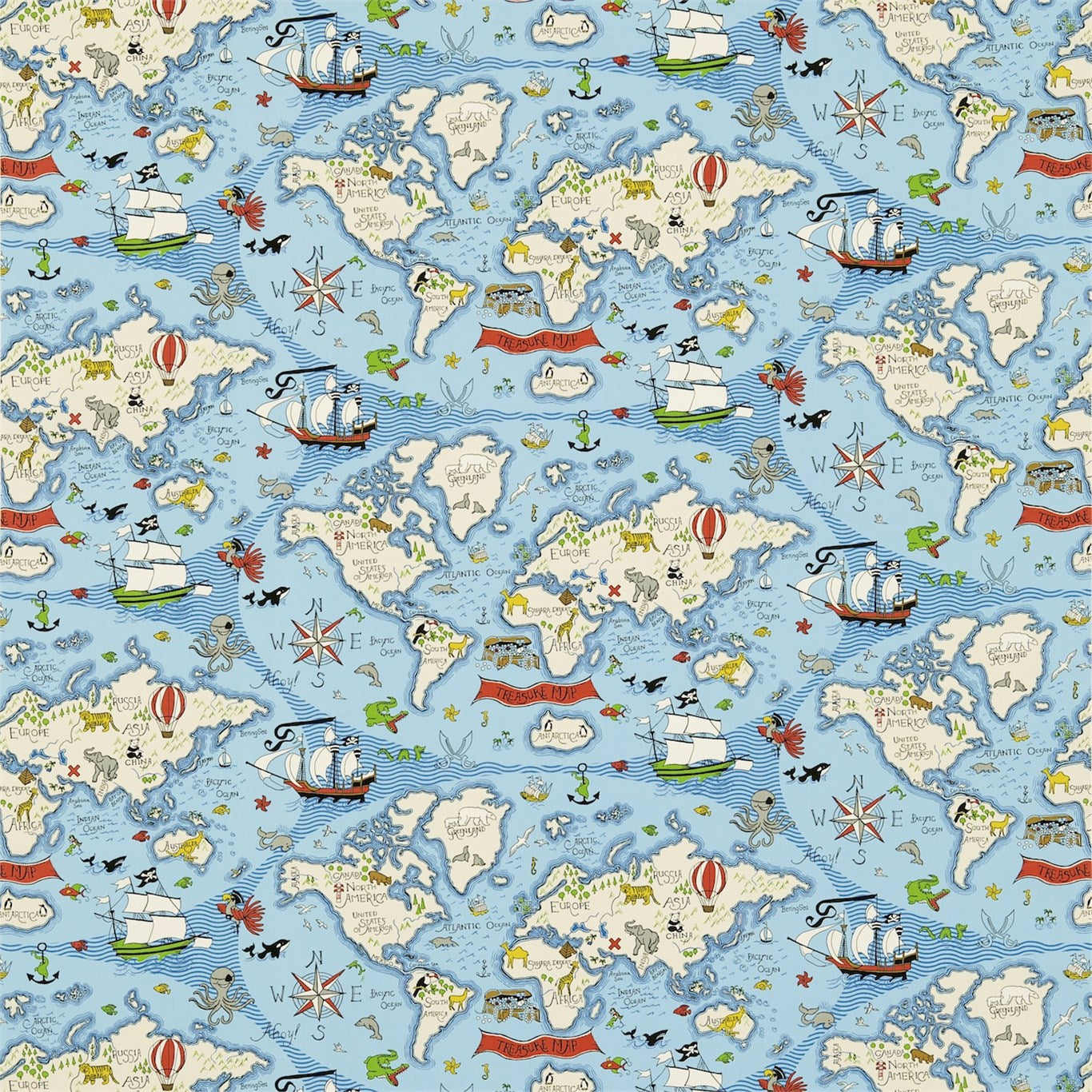 Treasure Map Sea Blue Fabric By Sanderson