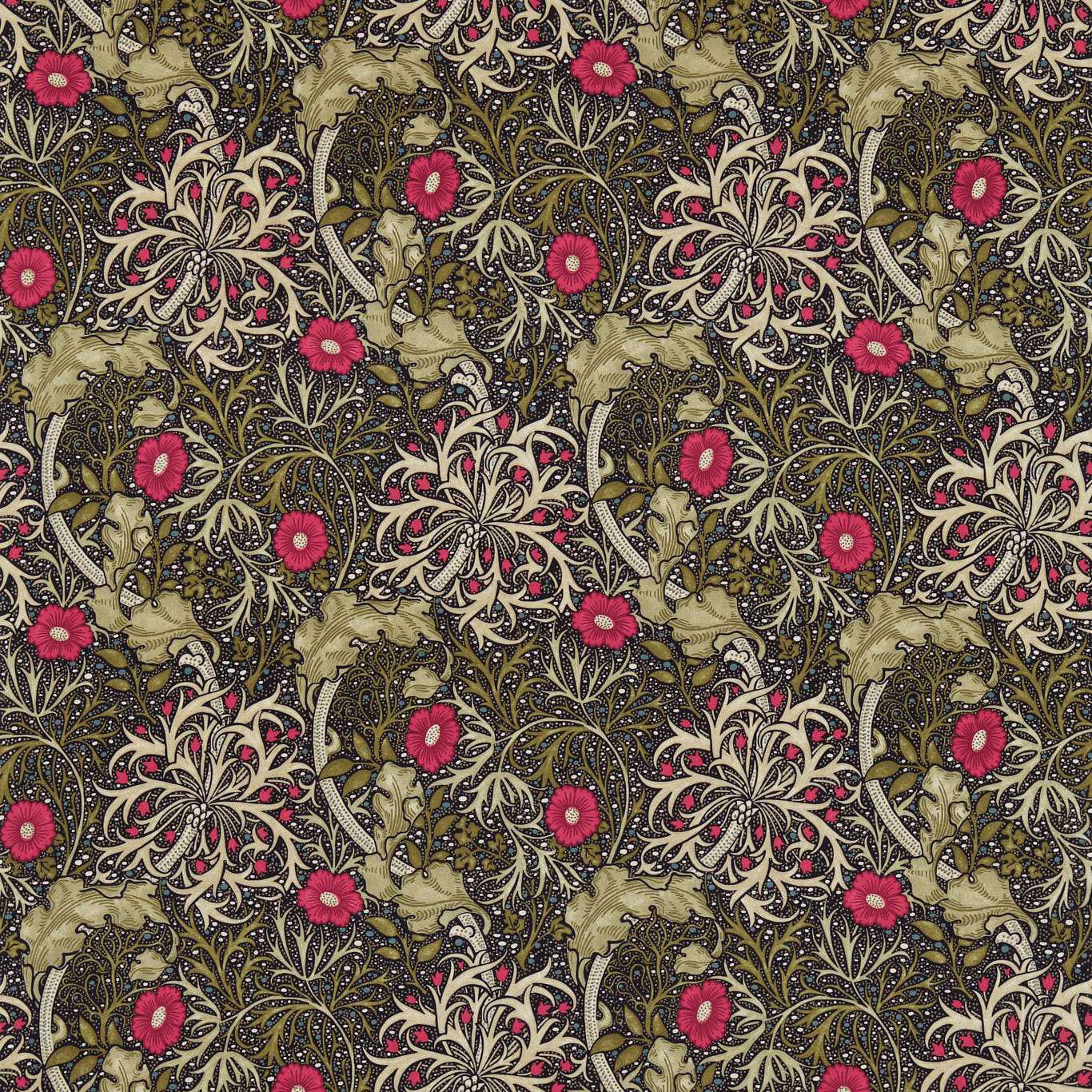 Morris Seaweed Ebony/Poppy Fabric By Morris & Co