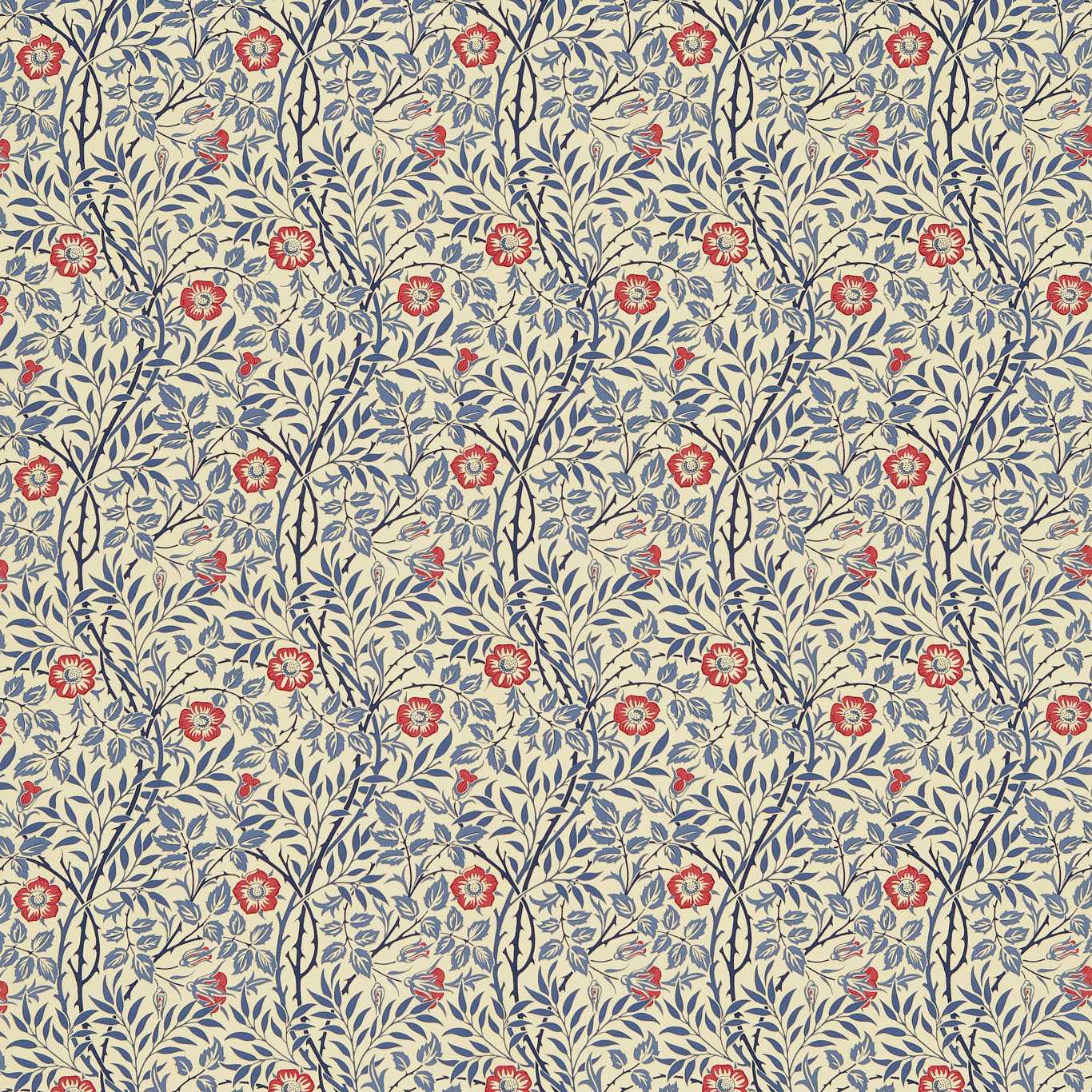 Sweet Briar Indigo/Red Fabric By Morris & Co