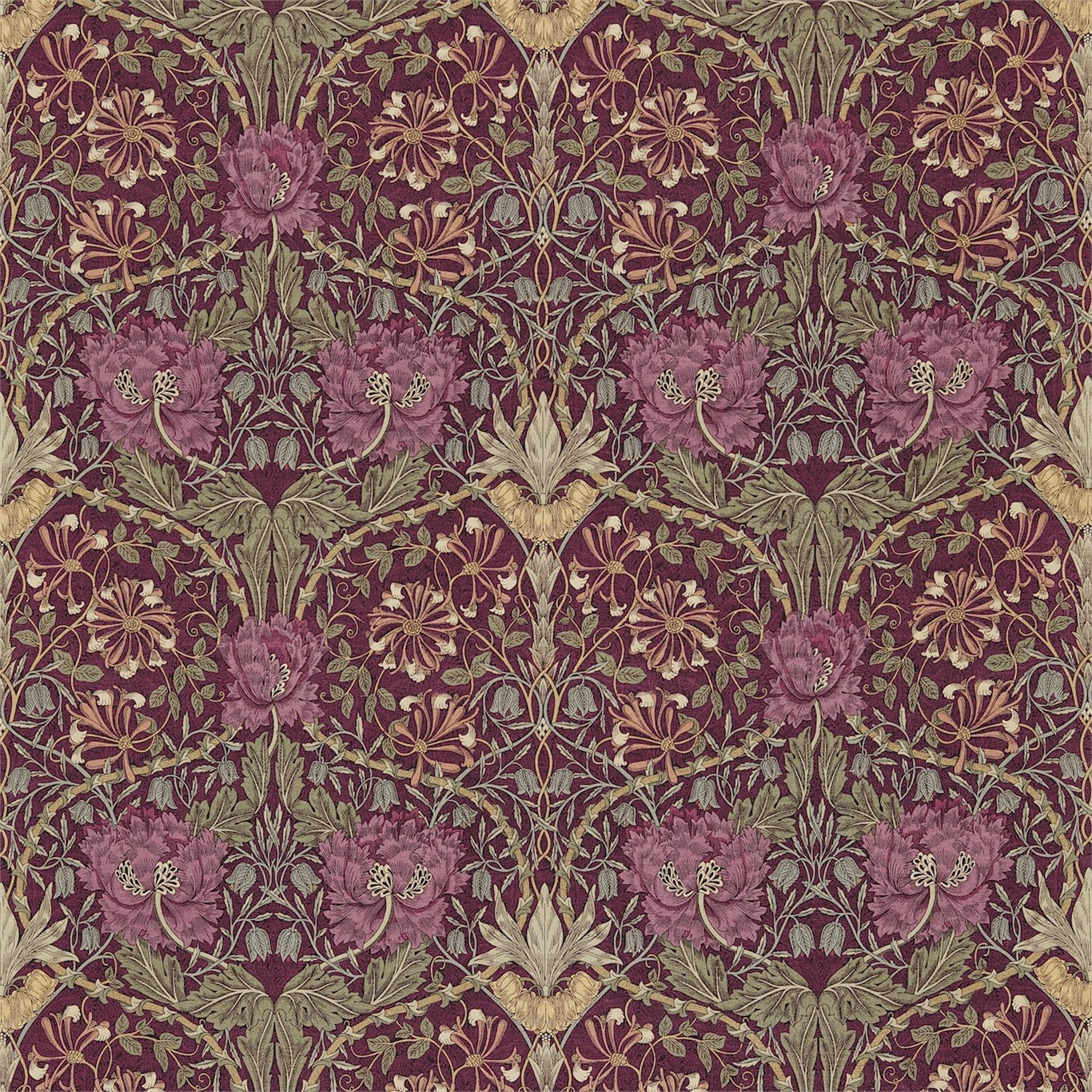 Honeysuckle and Tulip DMFPHT204 Wine/Bayleaf Fabric By Morris & Co