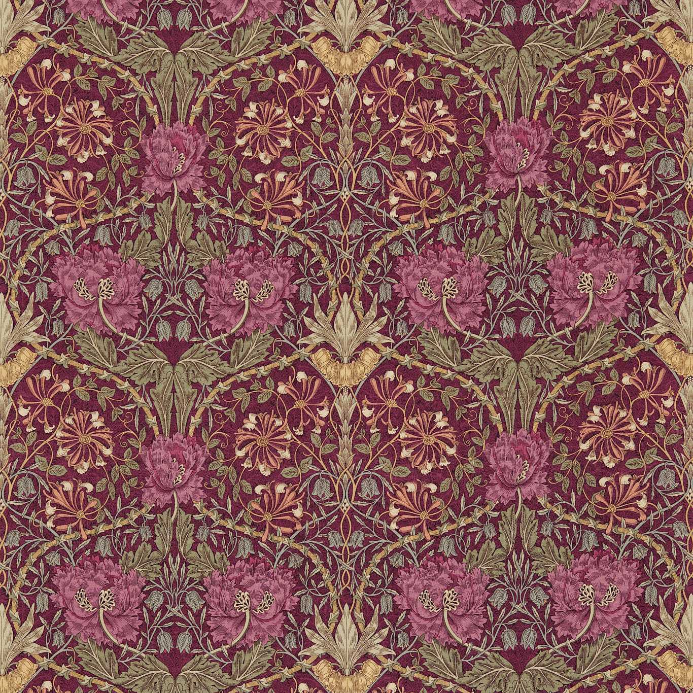 Honeysuckle and Tulip Wine/Bay Leaf Fabric By Morris & Co