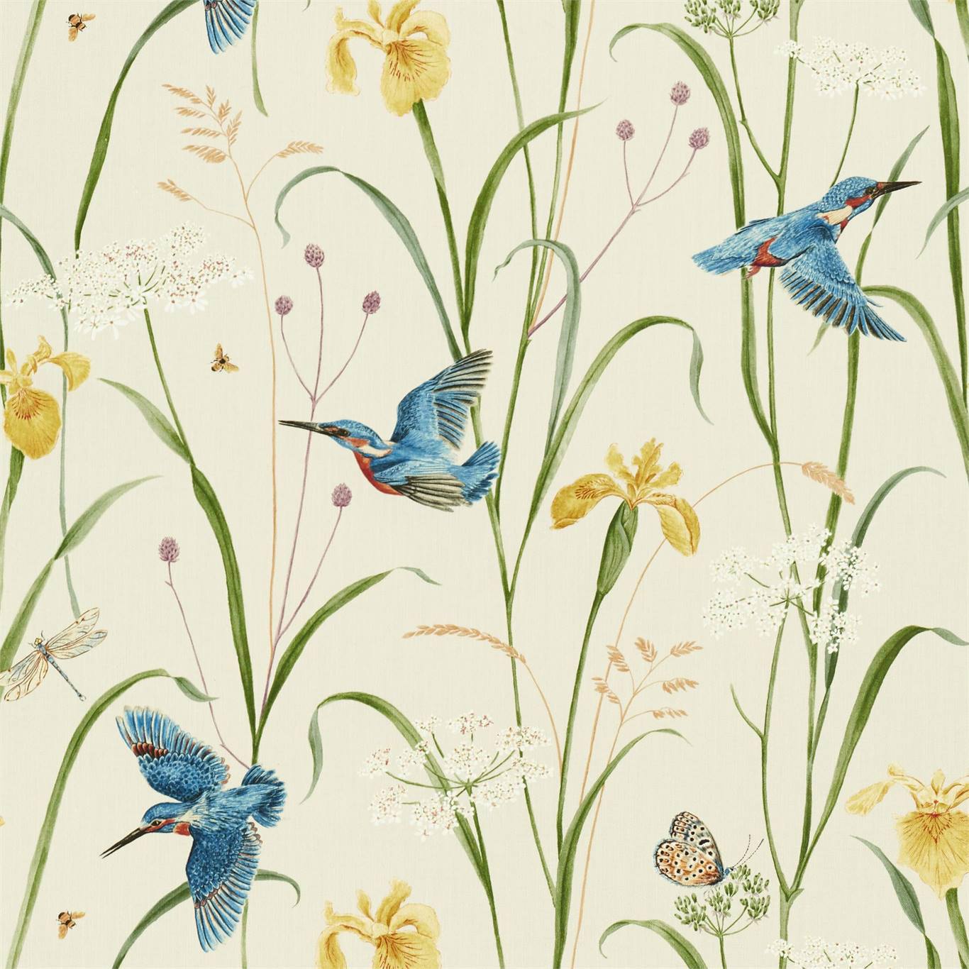 Kingfisher and Iris Azure/Linen Fabric By Sanderson