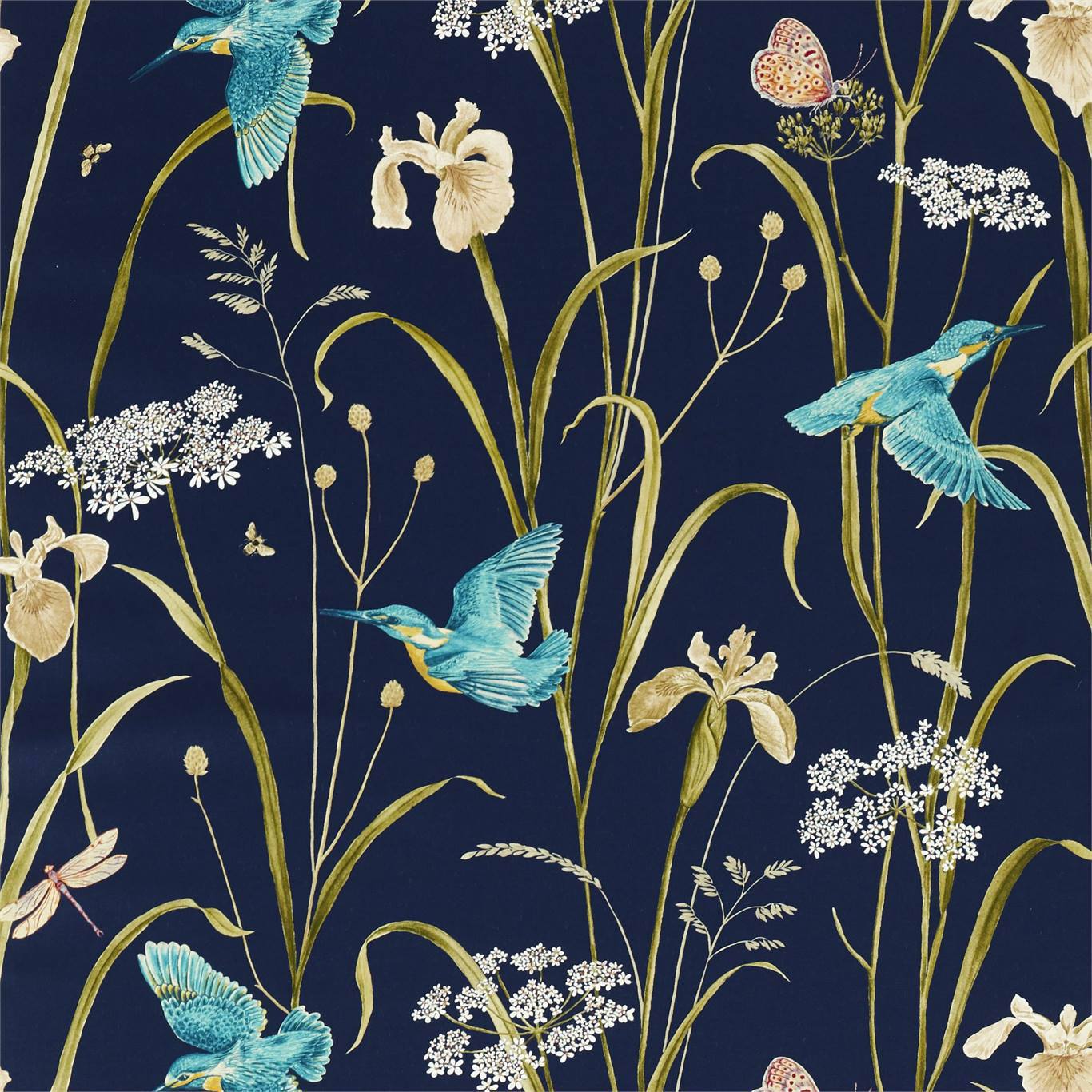 Kingfisher and Iris Navy/Teal Fabric By Sanderson