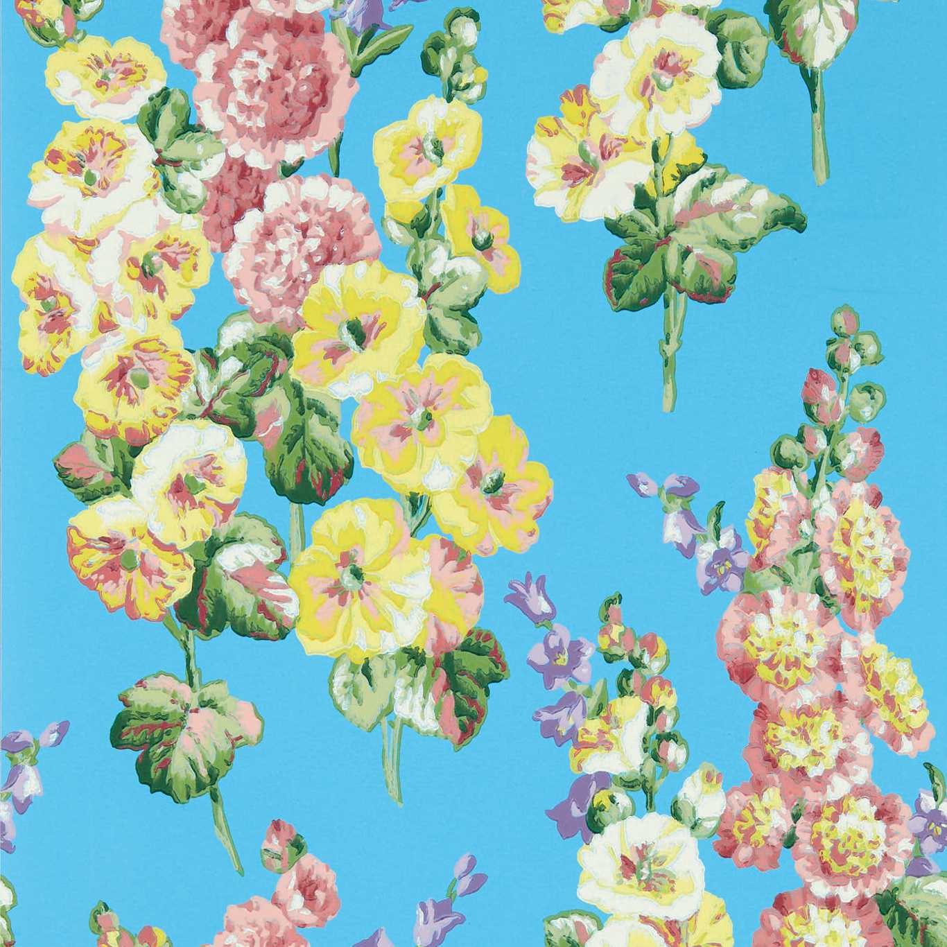 Hollyhocks Fire Pink/Bright Blue Wallpaper DOSW217033 by Sanderson