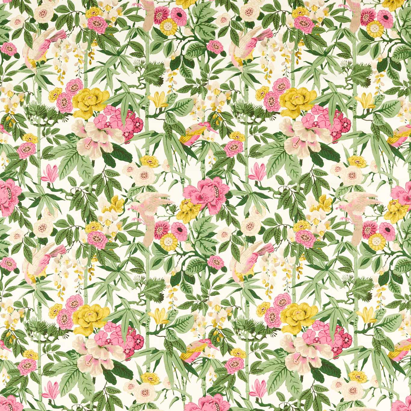 Bamboo and Bird Scallion Green/Fushia Fabric By Sanderson