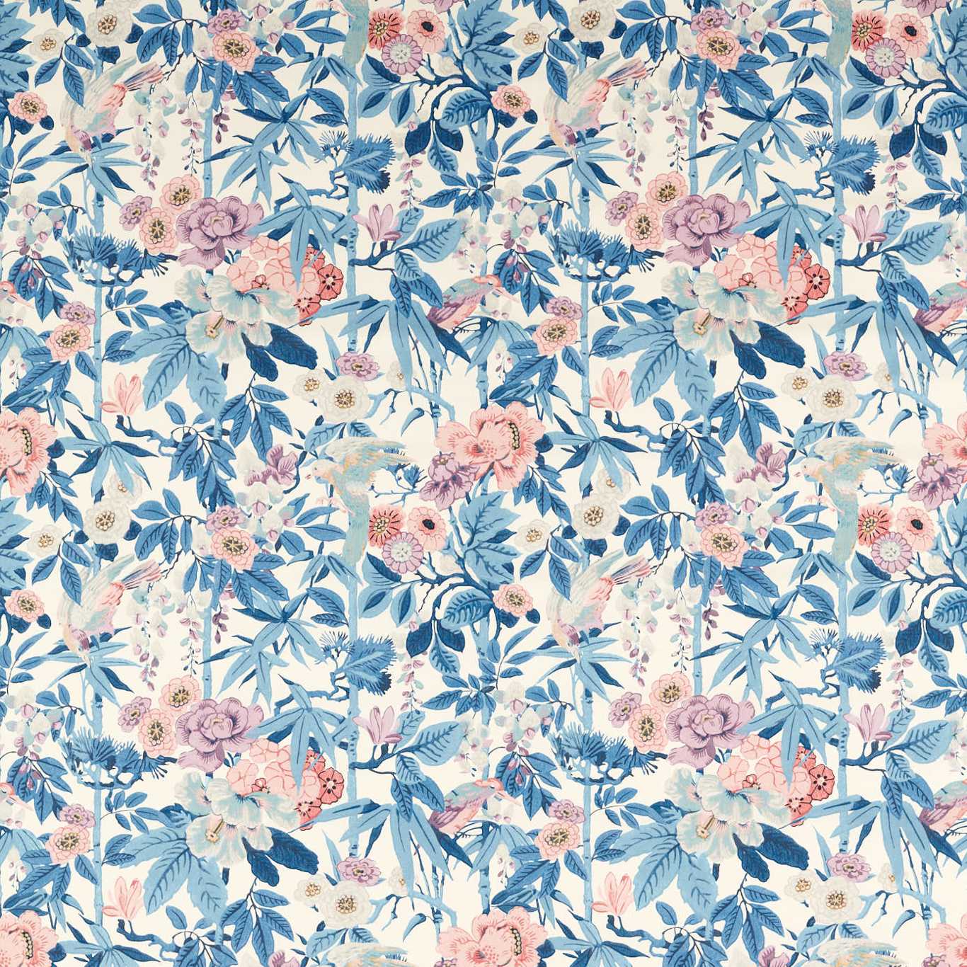 Bamboo and Bird China Blue /Lotus Pink Fabric By Sanderson