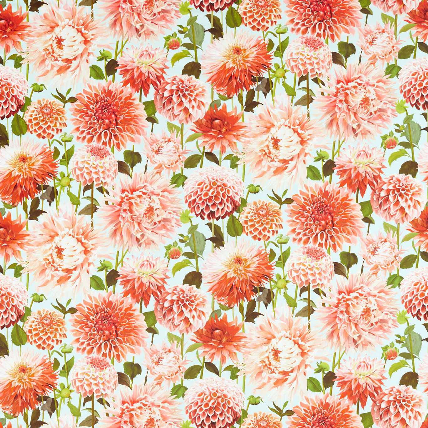 Dahlia Coral/Fig Leaf/Sky Fabric By Harlequin