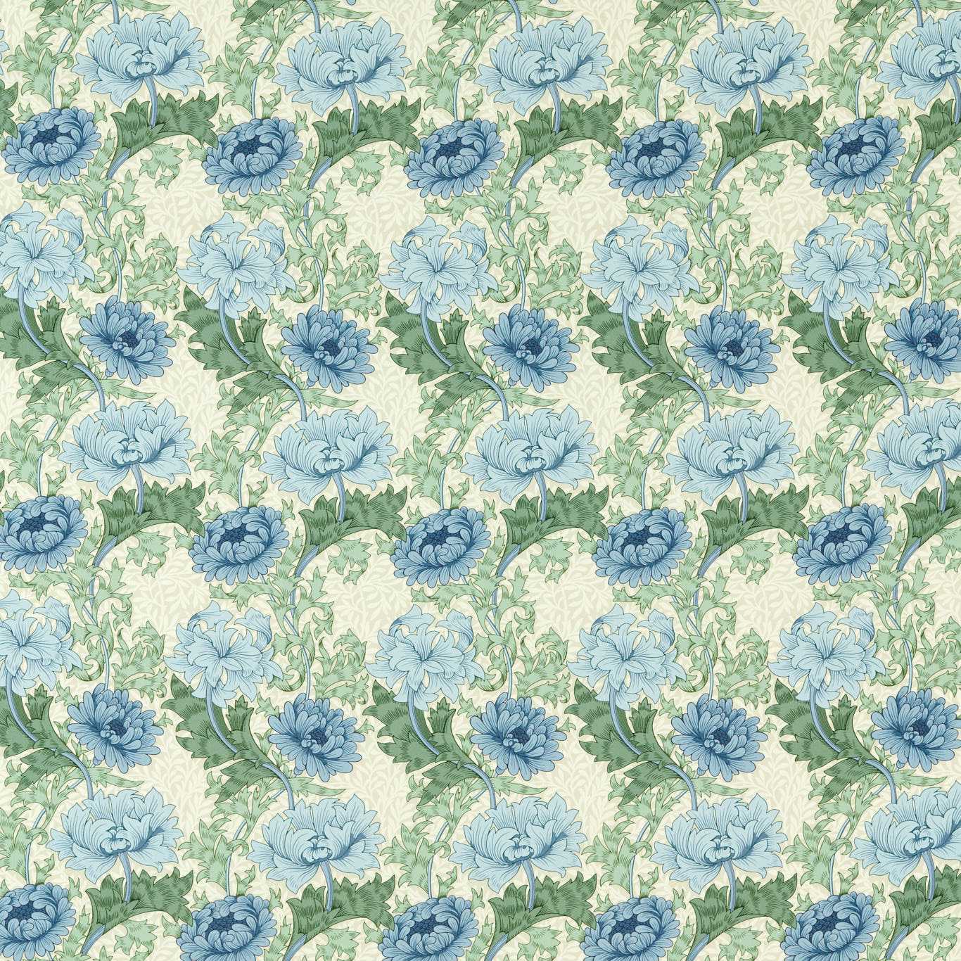 Chrysanthemum Indigo/Bayleaf Fabric By Morris & Co