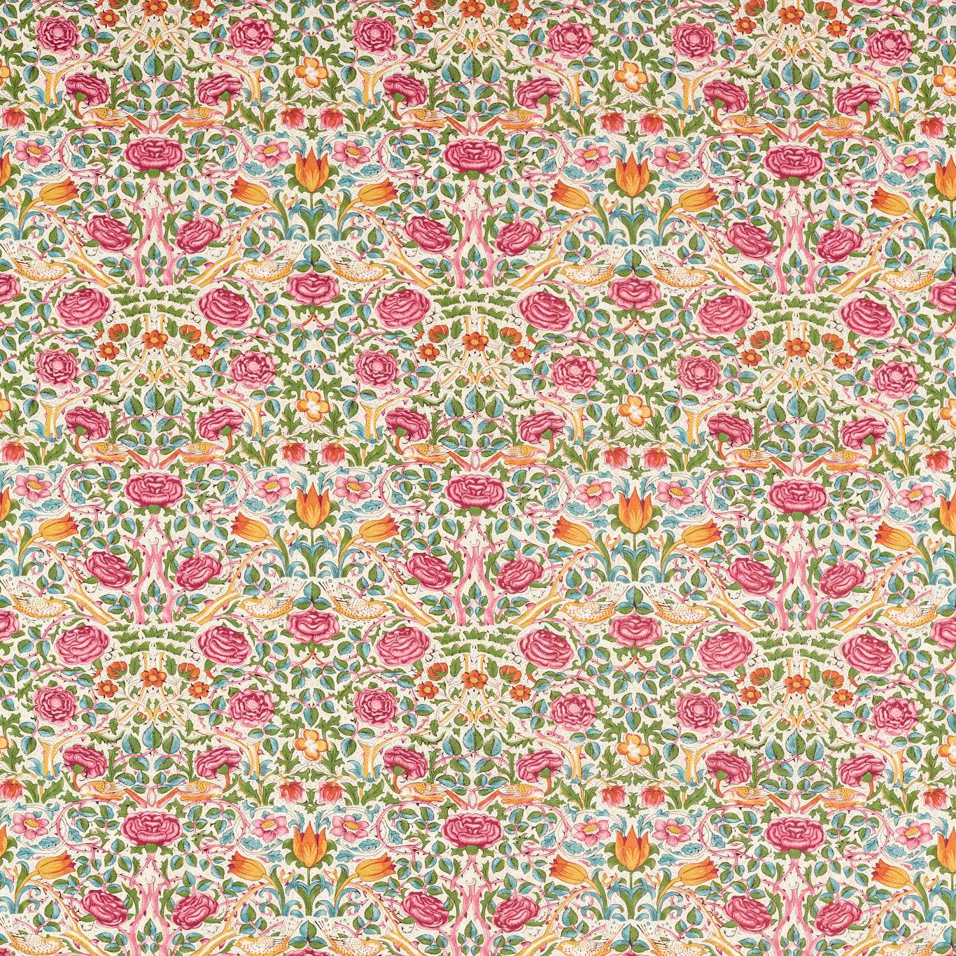 Rose Boughs Green/Rose Fabric By Morris & Co