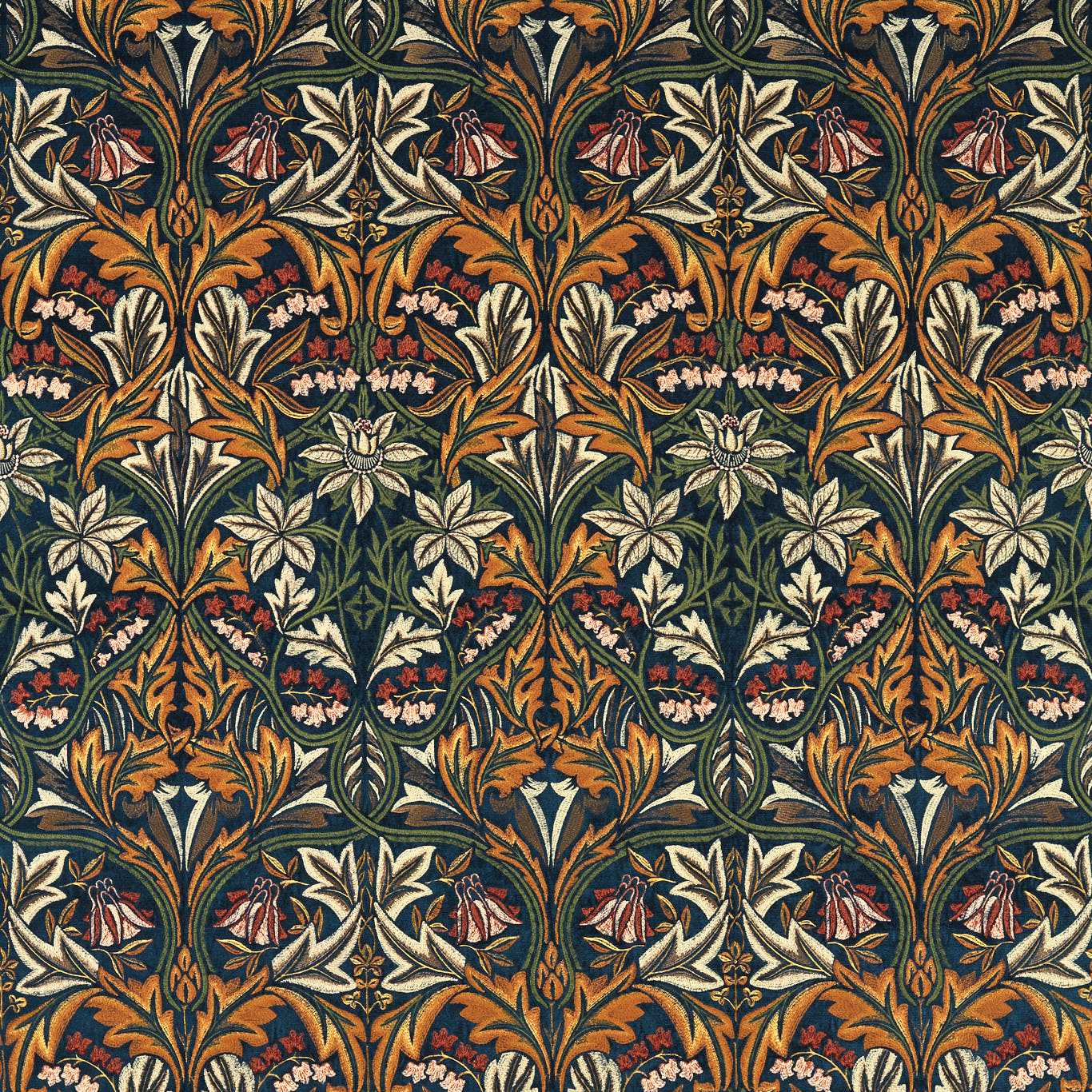 Bluebell Embroidery Indigo/Russet Fabric By Morris & Co